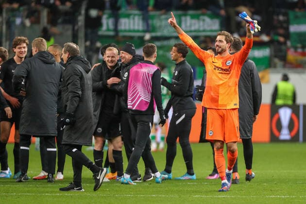 Europa League Round of 16 Eintracht Frankfurt Real Betis Sevilla on 17 03 2022 at Deutsche Bank Park in Frankfurt Jubilant after the final whistle about the progress of goalkeeper Kevin Trapp Frankfurt UR