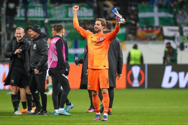 Europa League Round of 16 Eintracht Frankfurt Real Betis Sevilla on 17 03 2022 at Deutsche Bank Park in Frankfurt Jubilant after the final whistle about the progress of goalkeeper Kevin Trapp Frankfurt UR