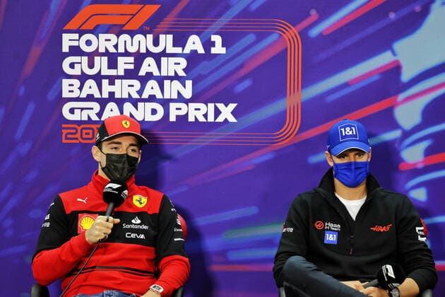LECLERC Charles (mco), Scuderia Ferrari F1-75, portrait SCHUMACHER Mick (ger), Haas F1 Team VF-22 Ferrari, portrait press conference, PK, Pressekonferenz during the Formula 1 Gulf Air Bahrain Grand Prix 2022, 1st round of the 2022 FIA Formula One World Championship, WM, Weltmeisterschaft on the Bahrain International Circuit, from March 18 to 20, 2022 in Sakhir, Bahrain - F1 - BAHRAIN GRAND PRIX 2022 DPPI Panoramic 016A3913