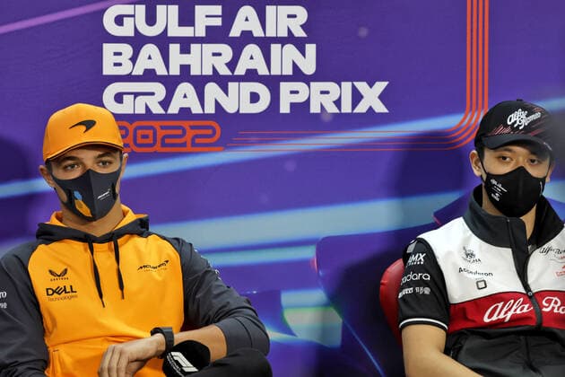 NORRIS Lando (gbr), McLaren F1 Team MCL36, portrait ZHOU Guanyu (chi), Alfa Romeo F1 Team ORLEN C42, portrait press conference, PK, Pressekonferenz during the Formula 1 Gulf Air Bahrain Grand Prix 2022, 1st round of the 2022 FIA Formula One World Championship, WM, Weltmeisterschaft on the Bahrain International Circuit, from March 18 to 20, 2022 in Sakhir, Bahrain - F1 - BAHRAIN GRAND PRIX 2022 DPPI Panoramic 016A3991