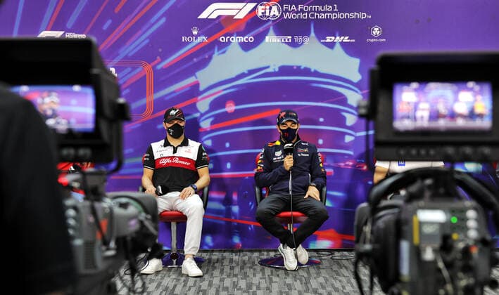 BOTTAS Valtteri (fin), Alfa Romeo F1 Team ORLEN C42, portrait PEREZ Sergio (mex), Red Bull Racing RB18, portrait press conference, PK, Pressekonferenz during the Formula 1 Gulf Air Bahrain Grand Prix 2022, 1st round of the 2022 FIA Formula One World Championship, WM, Weltmeisterschaft on the Bahrain International Circuit, from March 18 to 20, 2022 in Sakhir, Bahrain - F1 - BAHRAIN GRAND PRIX 2022 DPPI Panoramic 016A4158