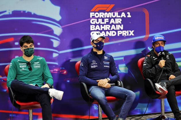 STROLL Lance (can), Aston Martin F1 Team AMR22, portrait LATIFI Nicholas (can), Williams Racing FW44, portrait ALONSO Fernando (spa), Alpine F1 Team A522, portrait press conference, PK, Pressekonferenz during the Formula 1 Gulf Air Bahrain Grand Prix 2022, 1st round of the 2022 FIA Formula One World Championship, WM, Weltmeisterschaft on the Bahrain International Circuit, from March 18 to 20, 2022 in Sakhir, Bahrain - F1 - BAHRAIN GRAND PRIX 2022 DPPI Panoramic PressCon2ED_022
