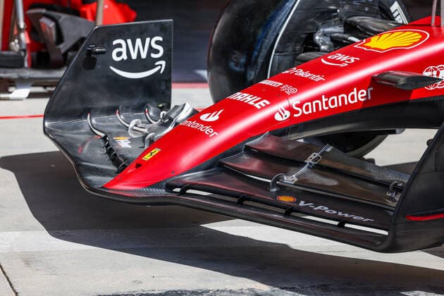 Scuderia Ferrari F1-75, mechanical detail of the front wing during the Formula 1 Gulf Air Bahrain Grand Prix 2022, 1st round of the 2022 FIA Formula One World Championship, WM, Weltmeisterschaft on the Bahrain International Circuit, from March 18 to 20, 2022 in Sakhir, Bahrain - F1 - BAHRAIN GRAND PRIX 2022 DPPI Panoramic  20220318_GOOD6210