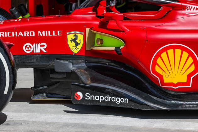Scuderia Ferrari F1-75, mechanical detail of the sided, barge board, air intake and floor during the Formula 1 Gulf Air Bahrain Grand Prix 2022, 1st round of the 2022 FIA Formula One World Championship, WM, Weltmeisterschaft on the Bahrain International Circuit, from March 18 to 20, 2022 in Sakhir, Bahrain - F1 - BAHRAIN GRAND PRIX 2022 DPPI Panoramic  20220318_GOOD6214