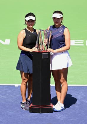 INDIAN WELLS, CA - MARCH 19: Yifan Xu of China and Zhaoxuan Yang of China with the winners trophy after the pair defeated Asia Muhammad of the United States and Ena Shibahara of Japan to become the women s doubles champions of the BNP Paribas Open played March 19, 2022 at the Indian Wells Tennis Garden in Indian Wells, CA. (Photo by John Cordes Icon Sportswire) TENNIS: MAR 19 BNP Paribas Open Icon506220319013