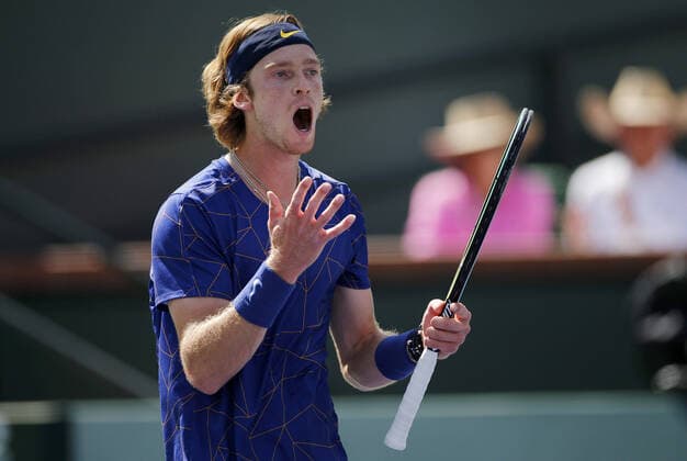 Mandatory Credit: Photo by Ella Ling Shutterstock (12853675ai) Andrey Rublev of Russia frustrated BNP Paribas Open, Tennis, Day 11, Indian Wells Tennis Garden, California, USA - 19 Mar 2022 BNP Paribas Open, Tennis, Day 11, Indian Wells Tennis Garden, California, USA - 19 Mar 2022 Copyright: xEllaxLing Shutterstockx 12853675ai