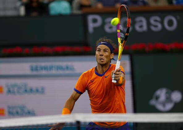 March 19, 2022 Rafael Nadal of Spain returns a shot against Carlos Alcaraz of Spain during the semifinals match of the 2022 BNP Paribas Open at Indian Wells Tennis Garden in Indian Wells, California. Indian Wells United States of America - ZUMAc04_ 20220319_zaf_c04_230 Copyright: xCharlesxBausx