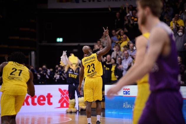 Rickey Paulding 23 EWE Baskets Oldenburg during the game EWE Baskets Oldenburg vs BG Göttingen Basketball, easyCredit BBL, season 2021 2022, 26 match day, 29 03 2022 Copyright xErikxHillmer EIBNERx EP EHR EWE Baskets Oldenburg vs BG Göttingen Basketball, easyCredit BBL, season 2021 2022, 26 match day, 29 03 2022 Oldenburg Copyright: xErikxHillmer EIBNERx EP_EHR