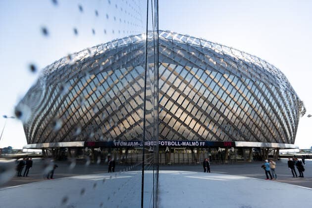 220320 A reflection of Tele2 Arenas exterior before the football match in the Swedish Cup between Djurgarden and Malmö FF on March 20, 2022 in Stockholm,  Copyright: AXELxBOBERG BB220320AX010