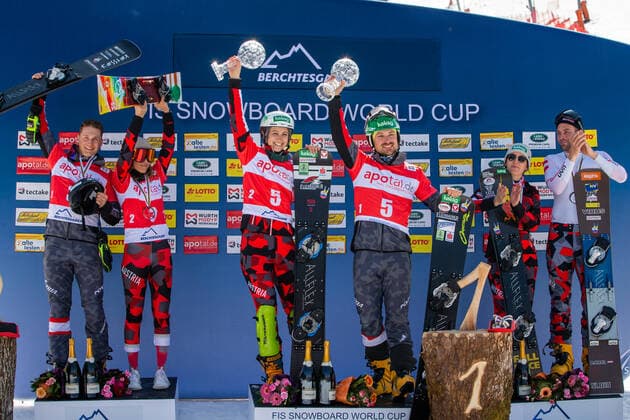 SNOWBOARDING - FIS WC Berchtesgaden BERCHTESGADEN,GERMANY,20.MAR.22 - SNOWBOARDING - FIS World Cup, mixed team event, ladies, men. Image shows Arvid Auner (AUT), Julia Dujmovits (AUT), Sabine Schoeffmann (AUT), Alexander Payer (AUT), Daniela Ulbing (AUT) and Benjamin Karl (AUT).  GEPAxpictures xGintarexKarpaviciute