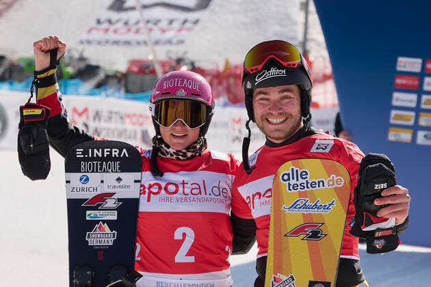 Berchtesgaden, Germany 20 March 2022 FIS Snowboard World Cup Final 2021 2022 Parallel Slalom Berchtesgaden 20 03 2022 from left Ramona Hofmeister GER and Stefan Baumeister GER Bischofswiesen Götschen Bayern Copyright: xFotostandx xWassmuthx