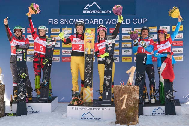 Berchtesgaden, Germany 20 March 2022 FIS Snowboard World Cup Final 2021 2022 Parallel Slalom Berchtesgaden 20 03 2022 Award ceremony PS Team from left Alexander Payer AUT , Sabine Schoeffmann AUT , Stefan Baumeister GER , Ramona Hofmeister GER , Maurizio Bormolini ITA and Elisa Caffont ITA Bischofswiesen Götschen Bayern Copyright: xFotostandx xWassmuthx