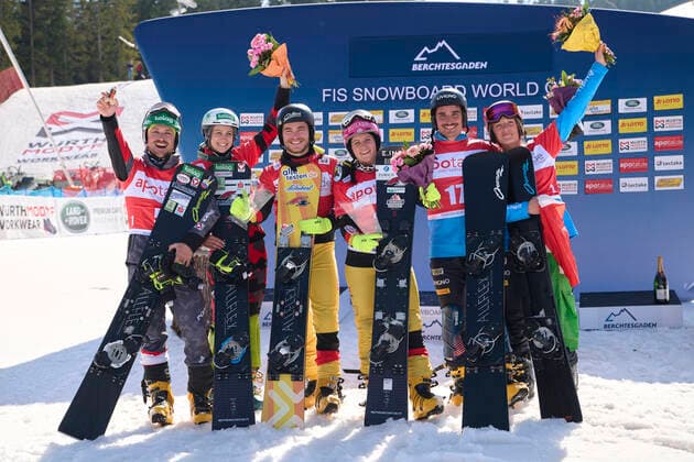 Berchtesgaden, Germany 20 March 2022 FIS Snowboard World Cup Final 2021 2022 Parallel Slalom Berchtesgaden 20 03 2022 Award ceremony PS Team from left Alexander Payer AUT , Sabine Schoeffmann AUT , Stefan Baumeister GER , Ramona Hofmeister GER , Maurizio Bormolini ITA and Elisa Caffont ITA Bischofswiesen Götschen Bayern Copyright: xFotostandx xWassmuthx