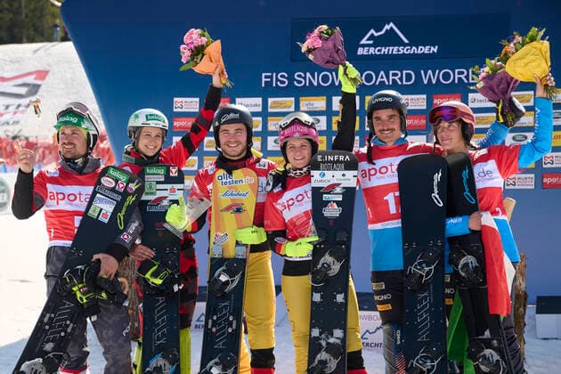Berchtesgaden, Germany 20 March 2022 FIS Snowboard World Cup Final 2021 2022 Parallel Slalom Berchtesgaden 20 03 2022 Award ceremony PS Team from left Alexander Payer AUT , Sabine Schoeffmann AUT , Stefan Baumeister GER , Ramona Hofmeister GER , Maurizio Bormolini ITA and Elisa Caffont ITA Bischofswiesen Götschen Bayern Copyright: xFotostandx xWassmuthx
