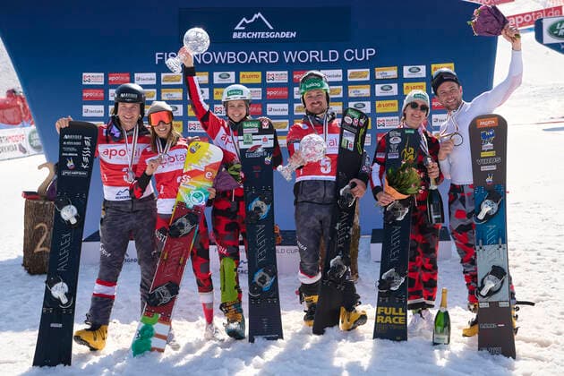 Berchtesgaden, Germany 20 March 2022 FIS Snowboard World Cup Final 2021 2022 Parallel Slalom Berchtesgaden 20 03 2022 Winners Overall World Cup from left Benjamin Karl AUT , Daniela Ulbing AUT , Sabine Schoeffmann AUT , Alexander Payer AUT , Julia Dujmovits AUT and Arvid Auner AUT Bischofswiesen Götschen Bavaria Copyright: xFotostandx xWassmuthx