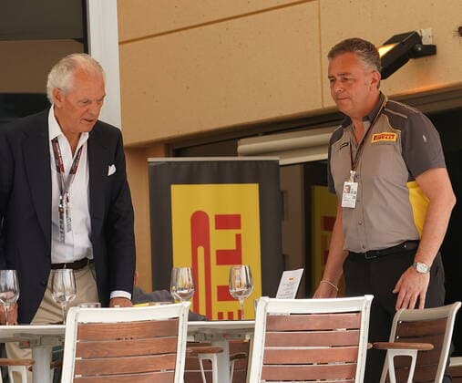 Formula 1 Gulf Air Bahrain Grand Prix 2022 20 03 2022, Bahrain International Circuit, Sakhir, Formula 1 Gulf Air Bahrain Grand Prix 2022 ,in the picture Pirelli Chairman of the Board Marco Tronchetti Provera with Pirelli Motorsport Director Mario Isola nordphotoxGmbHx xBratic nph00250
