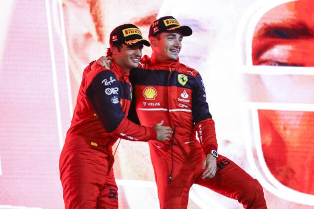 SAINZ Carlos (spa), Scuderia Ferrari F1-75, portrait LECLERC Charles (mco), Scuderia Ferrari F1-75, portrait podium during the Formula 1 Gulf Air Bahrain Grand Prix 2022, 1st round of the 2022 FIA Formula One World Championship, WM, Weltmeisterschaft on the Bahrain International Circuit, from March 18 to 20, 2022 in Sakhir, Bahrain - F1 - BAHRAIN GRAND PRIX 2022 - RACE DPPI Panoramic  00122005__B3_9517