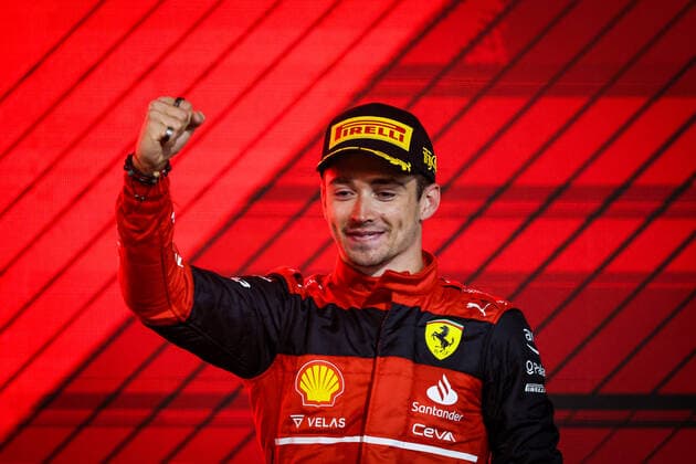 LECLERC Charles (mco), Scuderia Ferrari F1-75, portrait celebrating victory on the podium during the Formula 1 Gulf Air Bahrain Grand Prix 2022, 1st round of the 2022 FIA Formula One World Championship, WM, Weltmeisterschaft on the Bahrain International Circuit, from March 18 to 20, 2022 in Sakhir, Bahrain - F1 - BAHRAIN GRAND PRIX 2022 - RACE DPPI Panoramic  20220320_G00D0568