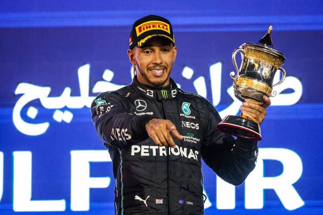 HAMILTON Lewis (gbr), Mercedes AMG F1 Team W13, portrait podium during the Formula 1 Gulf Air Bahrain Grand Prix 2022, 1st round of the 2022 FIA Formula One World Championship, WM, Weltmeisterschaft on the Bahrain International Circuit, from March 18 to 20, 2022 in Sakhir, Bahrain - F1 - BAHRAIN GRAND PRIX 2022 - RACE DPPI Panoramic  20220320_G00D0824