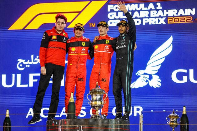 Podium: LECLERC Charles (mco), Scuderia Ferrari F1-75, SAINZ Carlos (spa), Scuderia Ferrari F1-75, HAMILTON Lewis (gbr), Mercedes AMG F1 Team W13, BINOTTO Mattia (ita), Managing Director of the Scuderia Ferrari, portrait during the Formula 1 Gulf Air Bahrain Grand Prix 2022, 1st round of the 2022 FIA Formula One World Championship, WM, Weltmeisterschaft on the Bahrain International Circuit, from March 18 to 20, 2022 in Sakhir, Bahrain - F1 - BAHRAIN GRAND PRIX 2022 - RACE DPPI Panoramic  20220320_GOOD9242