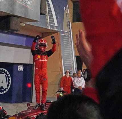 Formula 1 in Bahrain 2022 20 03 2022, Bahrain International Circuit, Sakhir, Formula 1 in Bahrain 2022 , in picture winner Charles Leclerc MCO , Scuderia Ferrari, 2 place for Carlos Sainz Jr ESP , Scuderia Ferrari, 3 place for Lewis Hamilton GBR , Mercedes AMG Petronas Formula One Team nordphotoxGmbHx xBratic nph00250