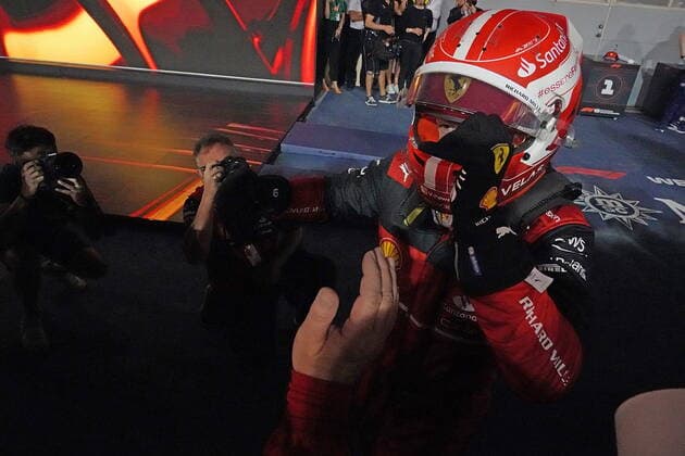 Formula 1 in Bahrain 2022 20 03 2022, Bahrain International Circuit, Sakhir, Formula 1 in Bahrain 2022 , in picture winner Charles Leclerc MCO , Scuderia Ferrari, 2 place for Carlos Sainz Jr ESP , Scuderia Ferrari, 3 place for Lewis Hamilton GBR , Mercedes AMG Petronas Formula One Team nordphotoxGmbHx xBratic nph00250