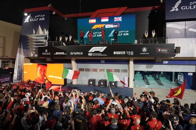 Formula 1 in Bahrain 2022 20 03 2022, Bahrain International Circuit, Sakhir, Formula 1 in Bahrain 2022 , in picture winner Charles Leclerc MCO , Scuderia Ferrari, 2 place for Carlos Sainz Jr ESP , Scuderia Ferrari, 3 place for Lewis Hamilton GBR , Mercedes AMG Petronas Formula One Team nordphotoxGmbHx xBratic nph00250