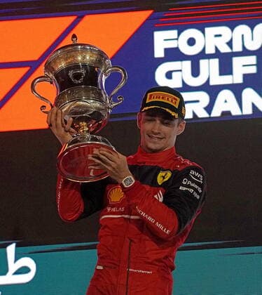 Formula 1 in Bahrain 2022 20 03 2022, Bahrain International Circuit, Sakhir, Formula 1 in Bahrain 2022 , in picture winner Charles Leclerc MCO , Scuderia Ferrari, 2 place for Carlos Sainz Jr ESP , Scuderia Ferrari, 3 place for Lewis Hamilton GBR , Mercedes AMG Petronas Formula One Team nordphotoxGmbHx xBratic nph00250