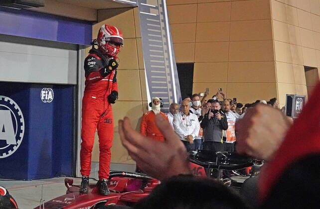 Formula 1 in Bahrain 2022 20 03 2022, Bahrain International Circuit, Sakhir, Formula 1 in Bahrain 2022 , in picture winner Charles Leclerc MCO , Scuderia Ferrari, 2 place for Carlos Sainz Jr ESP , Scuderia Ferrari, 3 place for Lewis Hamilton GBR , Mercedes AMG Petronas Formula One Team nordphotoxGmbHx xBratic nph00250