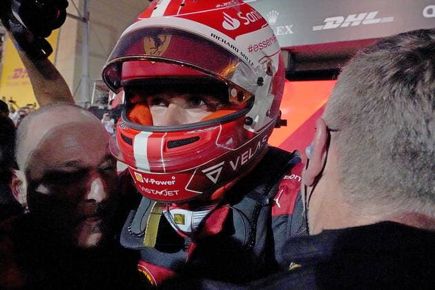 Formula 1 in Bahrain 2022 20 03 2022, Bahrain International Circuit, Sakhir, Formula 1 in Bahrain 2022 , in picture winner Charles Leclerc MCO , Scuderia Ferrari, 2 place for Carlos Sainz Jr ESP , Scuderia Ferrari, 3 place for Lewis Hamilton GBR , Mercedes AMG Petronas Formula One Team nordphotoxGmbHx xBratic nph00250
