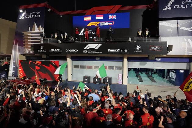 Formula 1 in Bahrain 2022 20 03 2022, Bahrain International Circuit, Sakhir, Formula 1 in Bahrain 2022 , in picture winner Charles Leclerc MCO , Scuderia Ferrari, 2 place for Carlos Sainz Jr ESP , Scuderia Ferrari, 3 place for Lewis Hamilton GBR , Mercedes AMG Petronas Formula One Team nordphotoxGmbHx xBratic nph00250