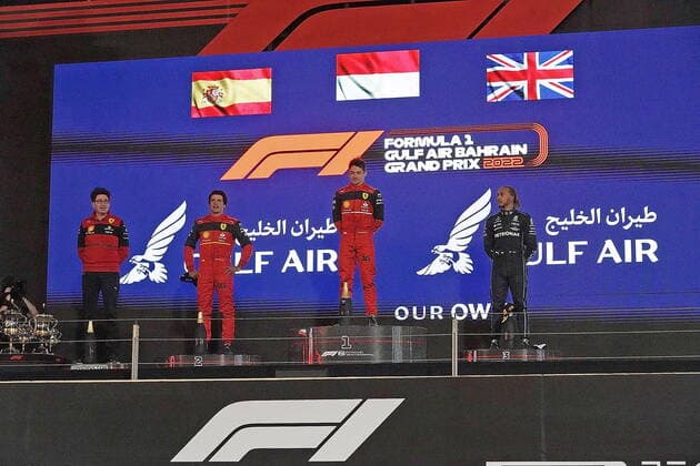 Formula 1 in Bahrain 2022 20 03 2022, Bahrain International Circuit, Sakhir, Formula 1 in Bahrain 2022 , in picture winner Charles Leclerc MCO , Scuderia Ferrari, 2 place for Carlos Sainz Jr ESP , Scuderia Ferrari, 3 place for Lewis Hamilton GBR , Mercedes AMG Petronas Formula One Team nordphotoxGmbHx xBratic nph00250