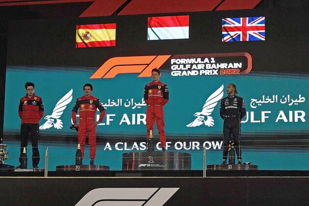 Formula 1 in Bahrain 2022 20 03 2022, Bahrain International Circuit, Sakhir, Formula 1 in Bahrain 2022 , in picture winner Charles Leclerc MCO , Scuderia Ferrari, 2 place for Carlos Sainz Jr ESP , Scuderia Ferrari, 3 place for Lewis Hamilton GBR , Mercedes AMG Petronas Formula One Team nordphotoxGmbHx xBratic nph00250