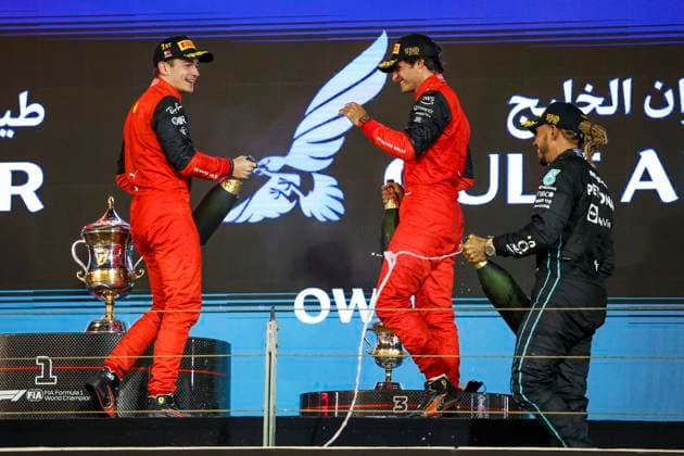 16 Charles Leclerc MCO, Scuderia Ferrari , 55 Carlos Sainz ESP, Scuderia Ferrari , 44 Lewis Hamilton GBR, Mercedes AMG Petronas F1 Team , F1 Grand Prix of Bahrain at Bahrain International Circuit on March 20, 2022 in Sakhir, Bahrain Photo by HOCH ZWEI Sakhir Bahrain