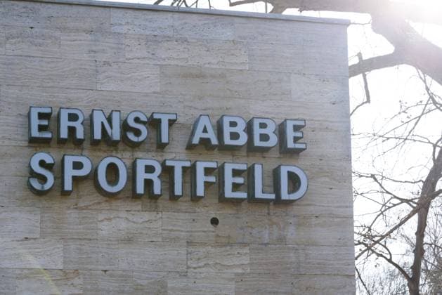 Jena, Germany, Mar 20th 2022: Ernst Abbe Sportfeld lettering mounted on a wall outside the stadium before the Flyeralarm Frauen Bundesliga match between FC Carl Zeiss Jena and 1. FC Cologne at Ernst-Abbe-Sportfeld, Jena. Sven Beyrich SPP FC Carl Zeiss Jena v 1. FC Cologne - Flyeralarm Frauenbundesliga - Ernst-Abbe-Sportfeld 