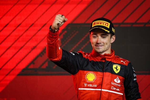 LECLERC Charles (mco), Scuderia Ferrari F1-75, portrait podium during the Formula 1 Gulf Air Bahrain Grand Prix 2022, 1st round of the 2022 FIA Formula One World Championship, WM, Weltmeisterschaft on the Bahrain International Circuit, from March 18 to 20, 2022 in Sakhir, Bahrain - F1 - BAHRAIN GRAND PRIX 2022 - RACE DPPI Panoramic  20220320_G00D0562
