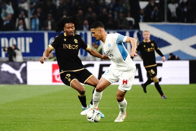 William Saliba (Olympique de Marseille) - Khephren Thuram (OGC Nice) FOOTBALL : Olympique de Marseille vs OGC Nice - Ligue 1 Uber Eats - Marseille - 20 03 2021 NorbertScanella Panoramic 