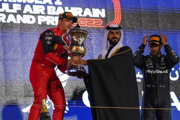 FORMULA 1 GULF AIR BAHRAIN GRAND PRIX 2022, 20 03 2022 Bahrain International Circuit, Sakhir, Bahrain on 20 March 2022 Charles Leclerc 16 (MON), Scuderia Ferrari F1-75 collects his trophy during the FORMULA 1 GULF AIR BAHRAIN GRAND PRIX 2022, Eleanor Hoad Editorial Use Only Copyright: xEleanorxHoadx ESM-0411-0046