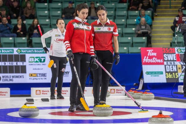 March 20, 2022, Prince George, BC, CANADA: Turkey skip Dilsat Yildiz , left, and third Oznur Polat discuss strategy at CN Centre on Sunday afternoon at the Womens World Curling in Prince George, B.C., Sunday, March 20, 2022. Canada News - March 20, 2022 - ZUMAc35_ 20220320_zaf_c35_078 Copyright: xJamesxDoylex