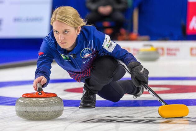 March 20, 2022, Prince George, BC, CANADA: United States skip Cory Christiansen throws a stone in the second end of action at CN Centre on Sunday afternoon at the Womens World Curling in Prince George, B.C., Sunday, March 20, 2022. Canada News - March 20, 2022  - ZUMAc35_ 20220320_zaf_c35_080 Copyright: xJamesxDoylex