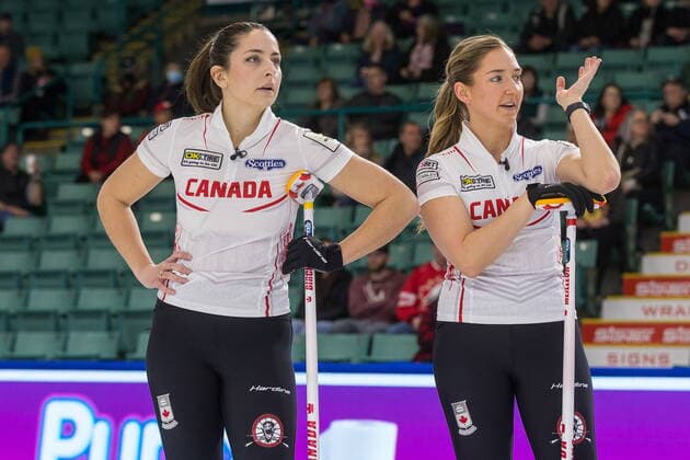 March 20, 2022, Prince George, BC, CANADA: Canada second Shannon Birchard, left, and lead Briane Meilleur discuss strategy during a break in action at CN Centre on Sunday afternoon at the Womens World Curling in Prince George, B.C., Sunday, March 20, 2022. Canada News - March 20, 2022 - ZUMAc35_ 20220320_zaf_c35_083 Copyright: xJamesxDoylex