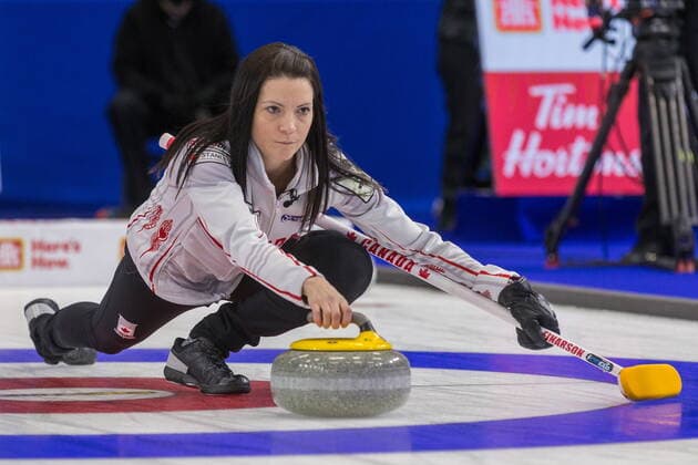 March 20, 2022, Prince George, BC, CANADA: Canada skip Kerri Einarson throws a stone in the second end of action at CN Centre on Sunday afternoon at the Womens World Curling in Prince George, B.C., Sunday, March 20, 2022. Canada News - March 20, 2022  - ZUMAc35_ 20220320_zaf_c35_085 Copyright: xJamesxDoylex