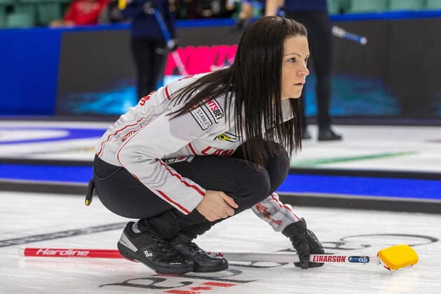 March 20, 2022, Prince George, BC, CANADA: Canada skip Kerri Einarson keeps an eye on her stone at CN Centre on Sunday afternoon at the Womens World Curling in Prince George, B.C., Sunday, March 20, 2022. Canada News - March 20, 2022  - ZUMAc35_ 20220320_zaf_c35_086 Copyright: xJamesxDoylex
