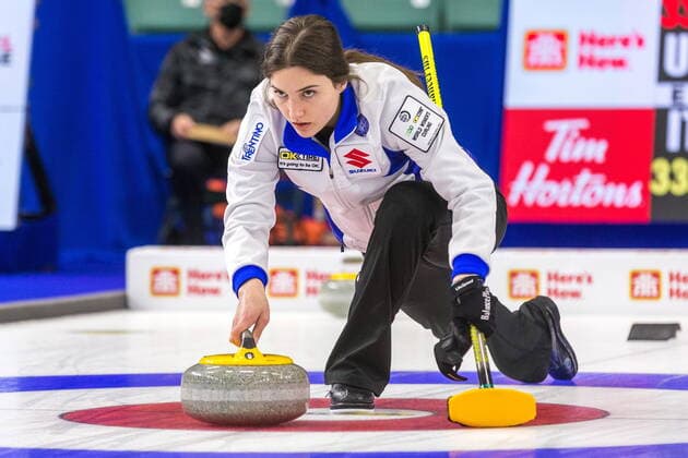 March 20, 2022, Prince George, BC, CANADA: Italy skip Stefania Constantini throws a stone in the second end of action at CN Centre on Sunday afternoon at the Womens World Curling in Prince George, B.C., Sunday, March 20, 2022. Canada News - March 20, 2022  - ZUMAc35_ 20220320_zaf_c35_082 Copyright: xJamesxDoylex