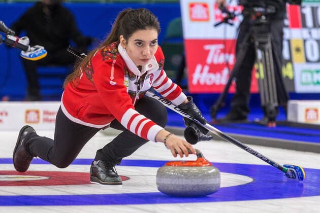 March 20, 2022, Prince George, BC, CANADA: Turkey skip Dilsat Yildiz throws a stone in the second end of action at CN Centre on Sunday afternoon at the Womens World Curling in Prince George, B.C., Sunday, March 20, 2022. Canada News - March 20, 2022  - ZUMAc35_ 20220320_zaf_c35_084 Copyright: xJamesxDoylex