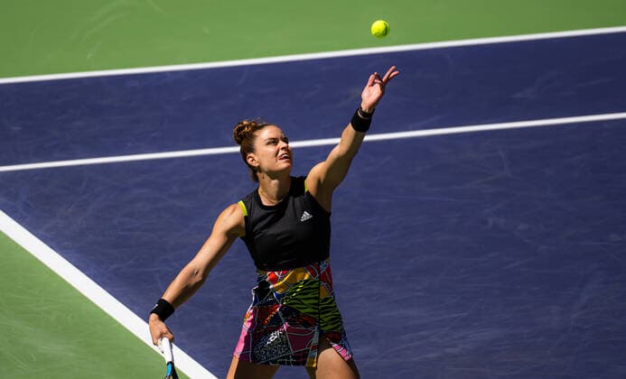 March 20, 2022, INDIAN WELLS, CALIFORNIA, UNITED STATES: Maria Sakkari of Greece in action during the final of the 2022 BNP Paribas Open WTA, Tennis Damen 1000 tennis tournament against Iga Swiatek of Poland INDIAN WELLS UNITED STATES - ZUMAa181 20220320_zaa_a181_241 Copyright: xRobxPrangex