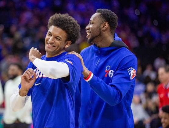 Philadelphia, Pennsylvania, United States of America, March 20th 2022: Matisse Thybulle (76ers 22) and Charles Bassey (76ers 23) warming up before the National Basketball Association game between the Philadelphia 76ers and Toronto Raptors at Wells Fargo Center in Philadelphia, PA Georgia Soares SPP Philadelphia 76ers v Toronto Raptors 