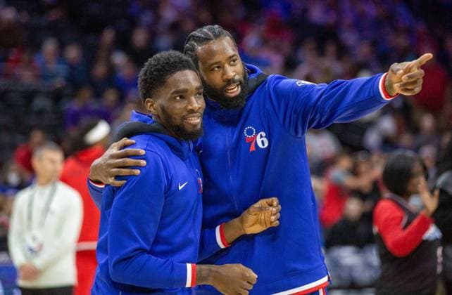 Philadelphia, Pennsylvania, United States of America, March 20th 2022: DeAndre Jordan (76ers 9) and Shake Milton (76ers 18)& xA