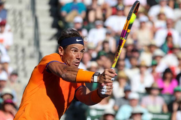INDIAN WELLS, CA - MARCH 20: Rafael Nadal (ESP) hits a backhand during the BNP Paribas Open MenÕs Final on March 20, 2022 at Indian Wells Tennis Garden in Indian Wells, CA. (Photo by George Walker Icon Sportswire) TENNIS: MAR 20 BNP Paribas Open Men s Final Icon220320035