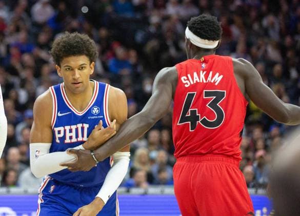 Philadelphia, Pennsylvania, United States of America, March 20th 2022: Siakam (Raptors 43) marking Matisse Thybulle (76ers 22)& xA